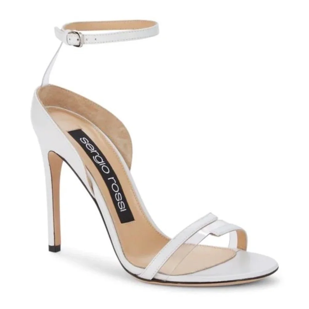 Sergio Rossi White Leather High Heel Stiletto Ankle-Wrap Sandals US 9.5 …